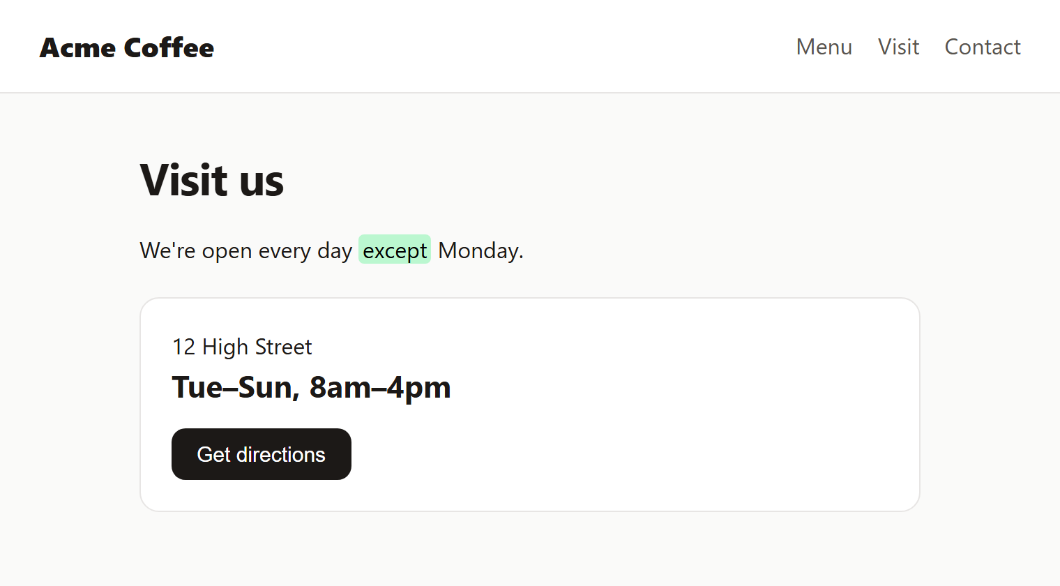 The same page saying 'except'