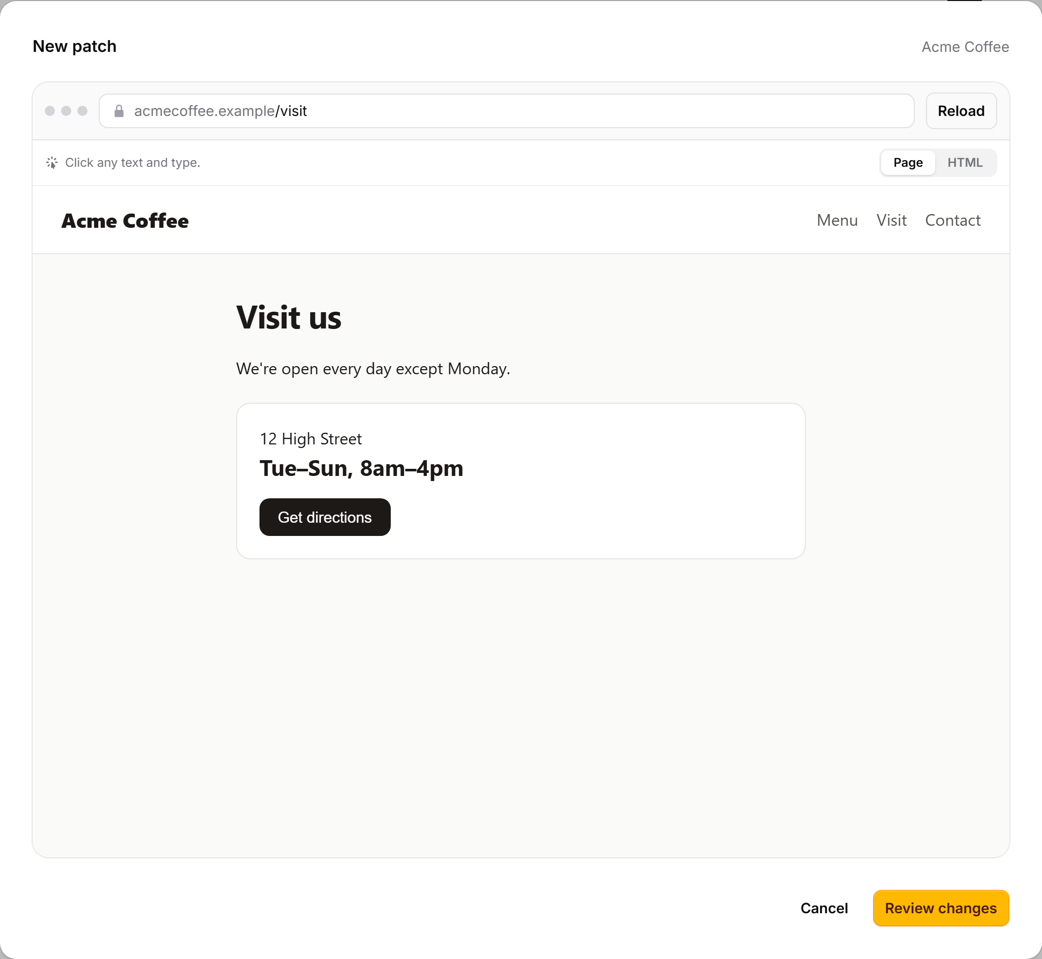 The page editor: the Acme Coffee page with 'except' typed over the typo