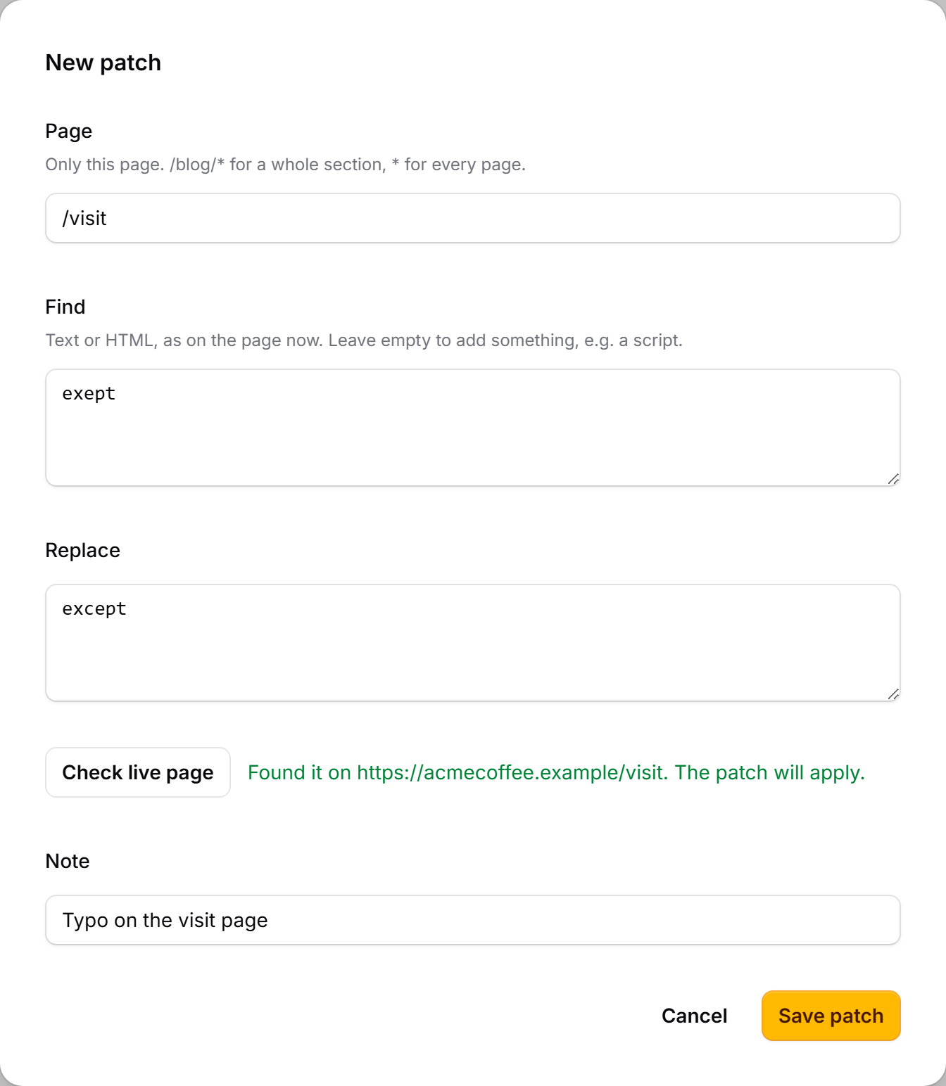 New patch: page /visit, exept to except