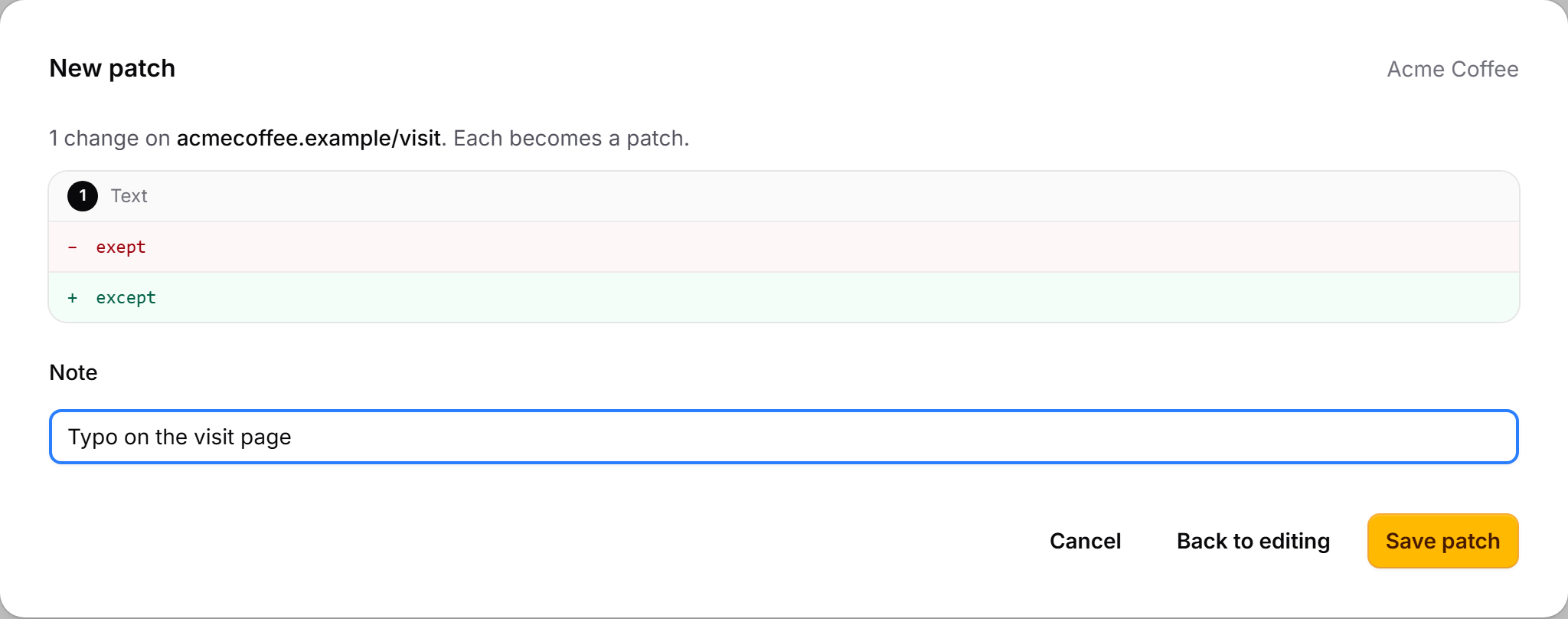 Review: exept to except, Save patch